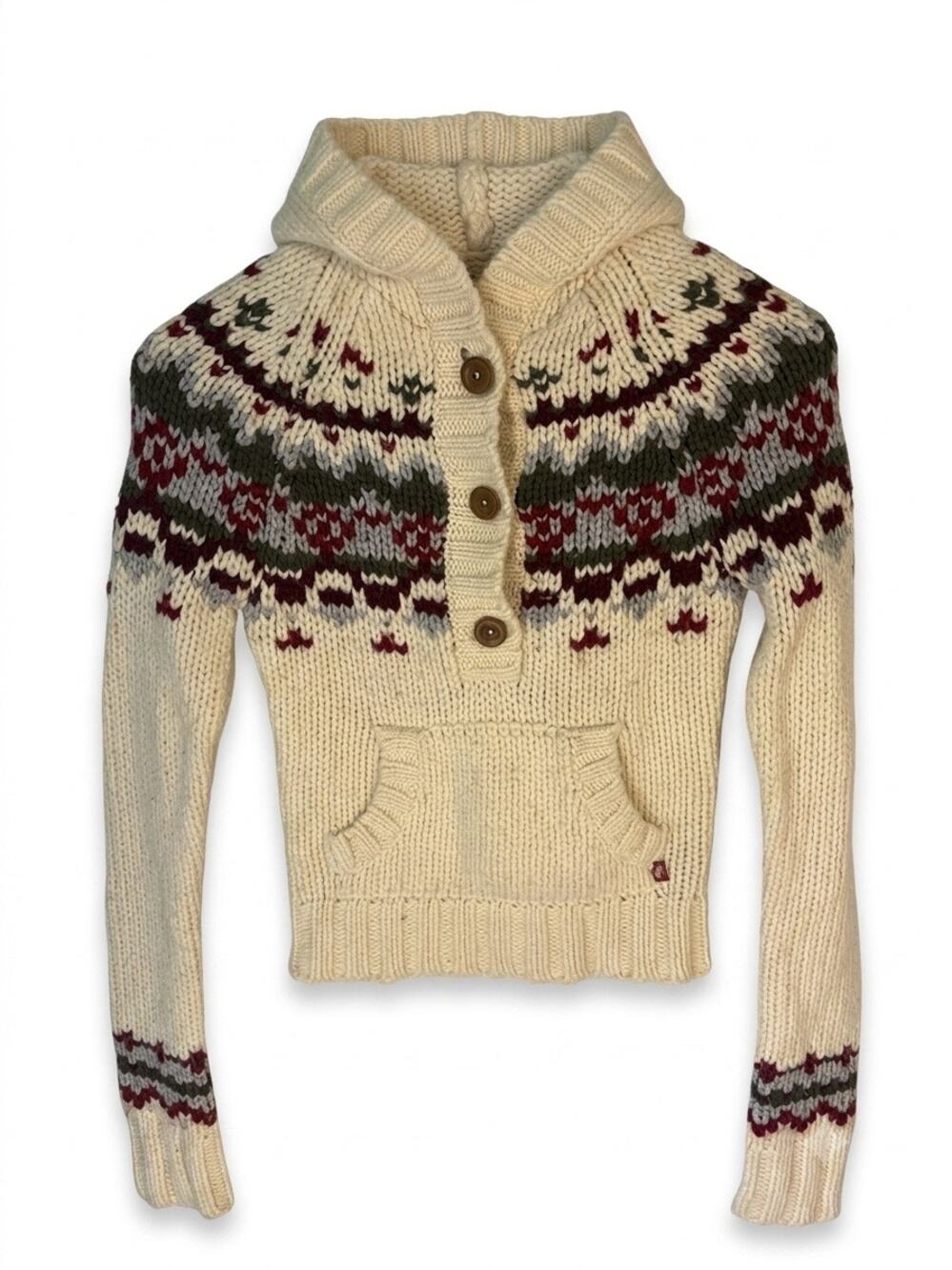 Vintage Abercrombie Chunky Wool Knit Fair Isle Hooded Henley Sweater Cabin
